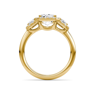 Just Brilliant three stone halo ring, 18K Yellow Gold, profile view