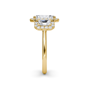 Just Brilliant three stone halo ring, 18K Yellow Gold, side view