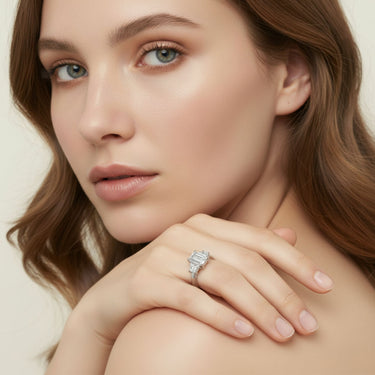 3 Stone Engagement Ring – Lab Diamond Engagement Ring in 18K Gold | Just Brilliant – close-up view