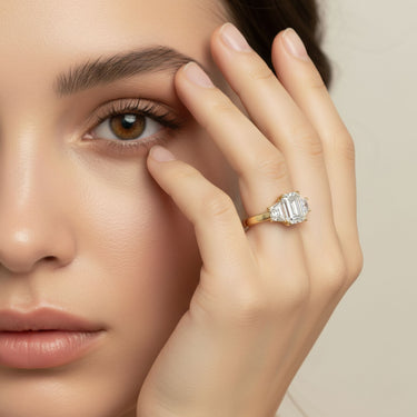 3 Stone Engagement Ring – Lab Diamond Engagement Ring in 18K Gold | Just Brilliant – angle view