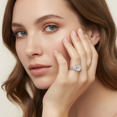 3 Stone Engagement Ring – Lab Diamond Engagement Ring in 18K Gold | Just Brilliant – detail view