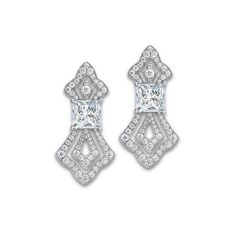 Royal Princess Earrings by Just Brilliant – 5.8ct princess-cut lab diamond earrings in 18K white gold