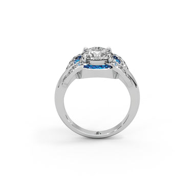 Stellar Promise Ring by Just Brilliant – 2.5ct lab diamond & sapphire halo ring in 18K white gold – close-up view