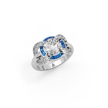 Stellar Promise Ring by Just Brilliant – 2.5ct lab diamond & sapphire halo ring in 18K white gold – lifestyle view