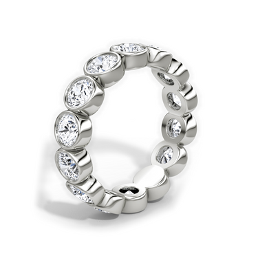 Just Brilliant bezel eternity band, upright view, white background with natural shadow