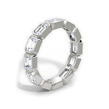 Just Brilliant bezel eternity band, upright view, white background with natural shadow