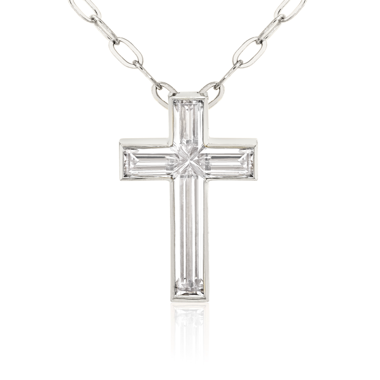 Solitaire Cross Necklace — 18K White Gold — front