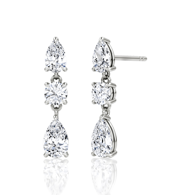 Three Stone Drop Earring — 18K White Gold — front