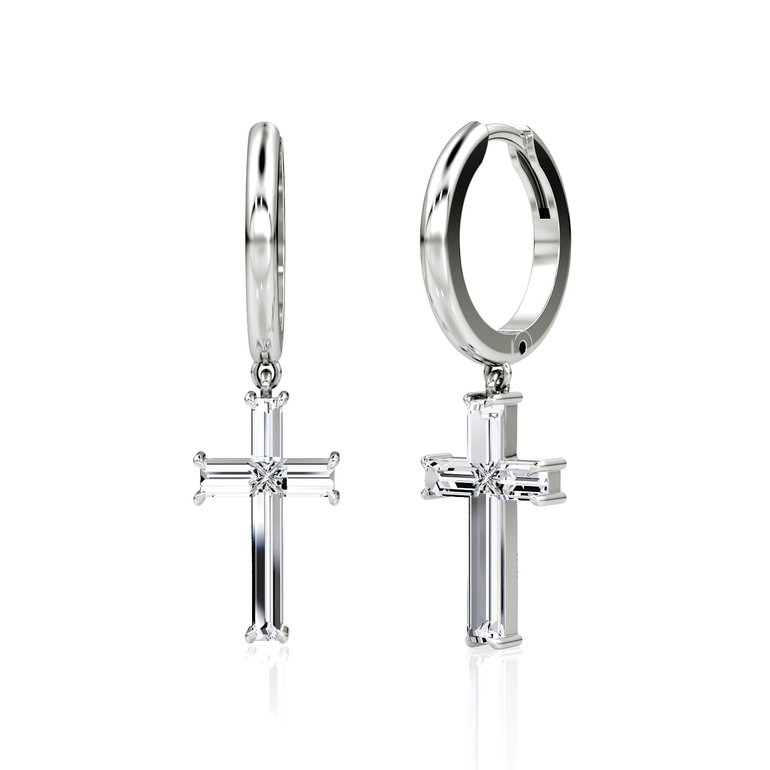 Petite Cross Huggie Hoop – polished hoop – 18K white gold – front view