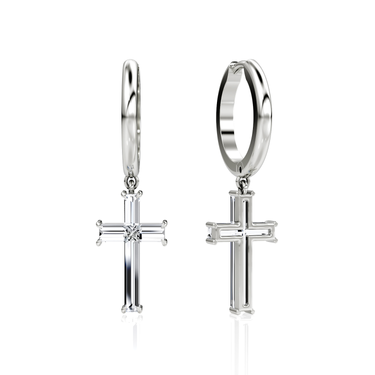 Petite Cross Huggie Hoop – polished hoop – 18K white gold – back view