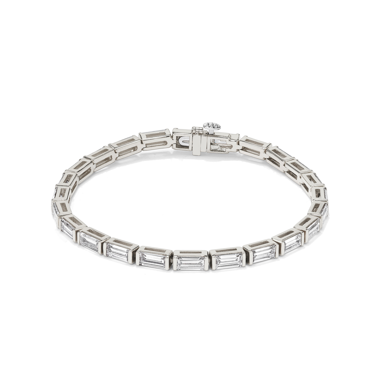 Just Brilliant Baguette Tennis Bracelet, 18K white gold, front view.