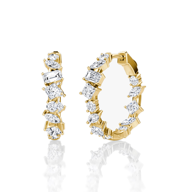 Just Brilliant Mixed Shape Eternity Hoop, 18K yellow gold, three-quarter view.