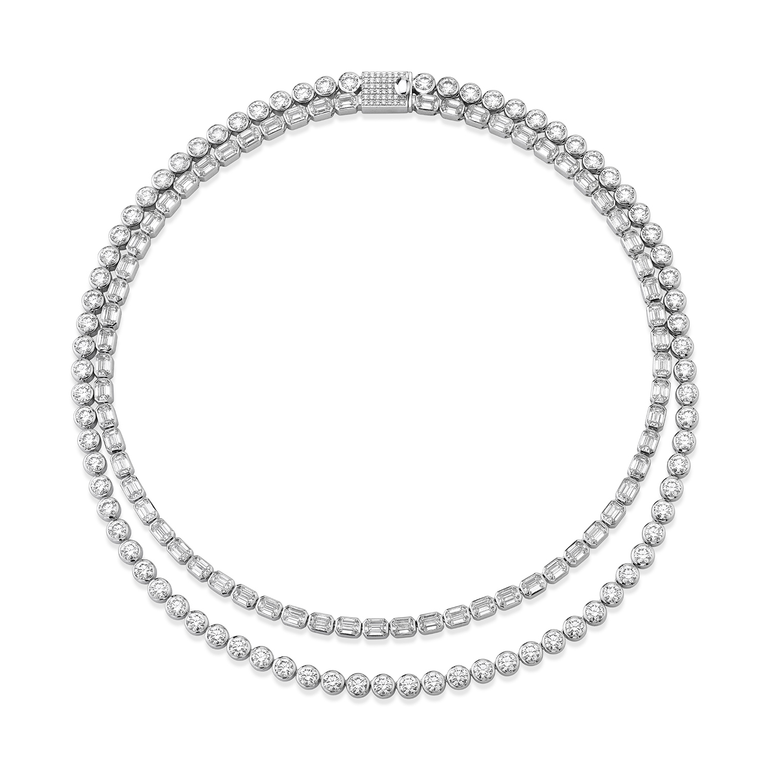Celestial Double Strand Tennis Necklace in 18K white gold — front view