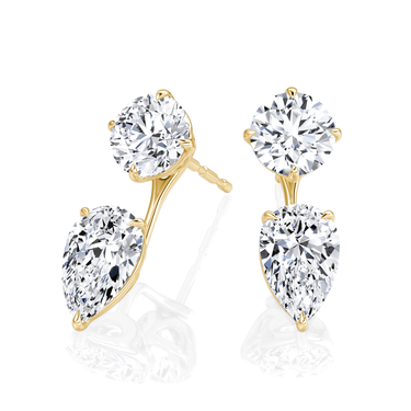 Solitaire Stud & Ear Jacket, Round Brilliant, Pear / 1.0ct Stud, 1.0ct Ear Jacket, yellow gold, angled view