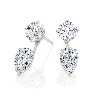 Solitaire Stud & Ear Jacket, Round Brilliant, Pear / 1.0ct Stud, 1.0ct Ear Jacket, white gold, angled view