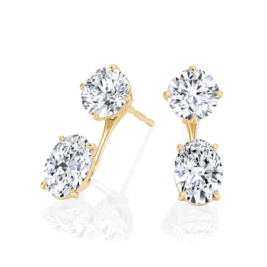 Solitaire Stud & Ear Jacket, Round Brilliant, Oval / 1.0ct Stud, 1.0ct Ear Jacket, yellow gold, angled view