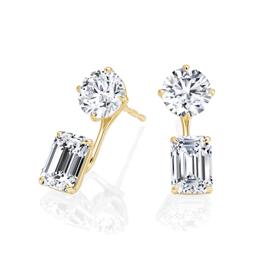 Solitaire Stud & Ear Jacket, Round Brilliant, Emerald / 1.0ct Stud, 1.0ct Ear Jacket, yellow gold, angled view