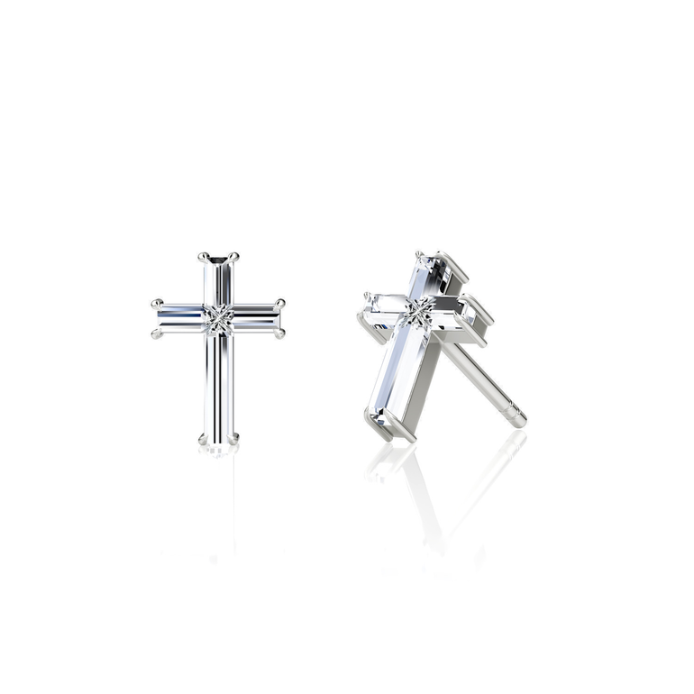 Petite Cross Stud — White Gold — front