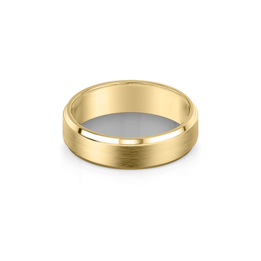 Just Brilliant brushed bevel band, 18K Yellow Gold, flat view, white background with natural shadow