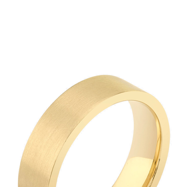 Just Brilliant 6mm Brushed Flat Wedding Band in 18K Yellow Gold, detail view