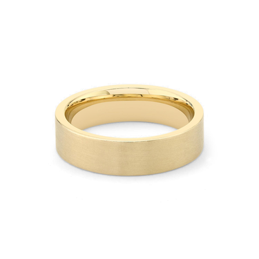 Just Brilliant 6mm Brushed Flat Wedding Band in 18K Yellow Gold, front view