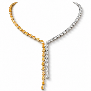 Cascade Solaire Diamond Necklace with yellow pear-shaped and colorless oval diamonds, front view