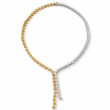 Cascade Solaire Diamond Necklace with yellow pear-shaped and colorless oval diamonds, full necklace view