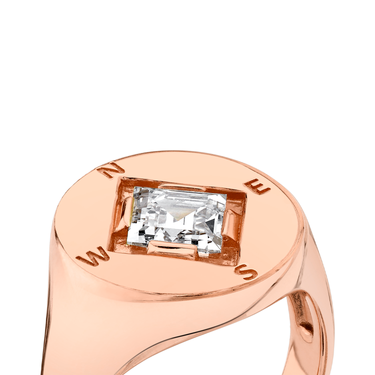 Just Brilliant compass ring, rose gold, detail view.