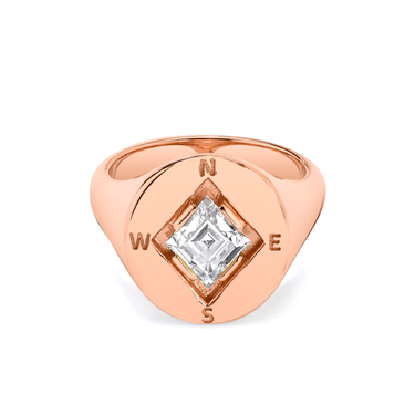 Just Brilliant compass ring, rose gold, front view.