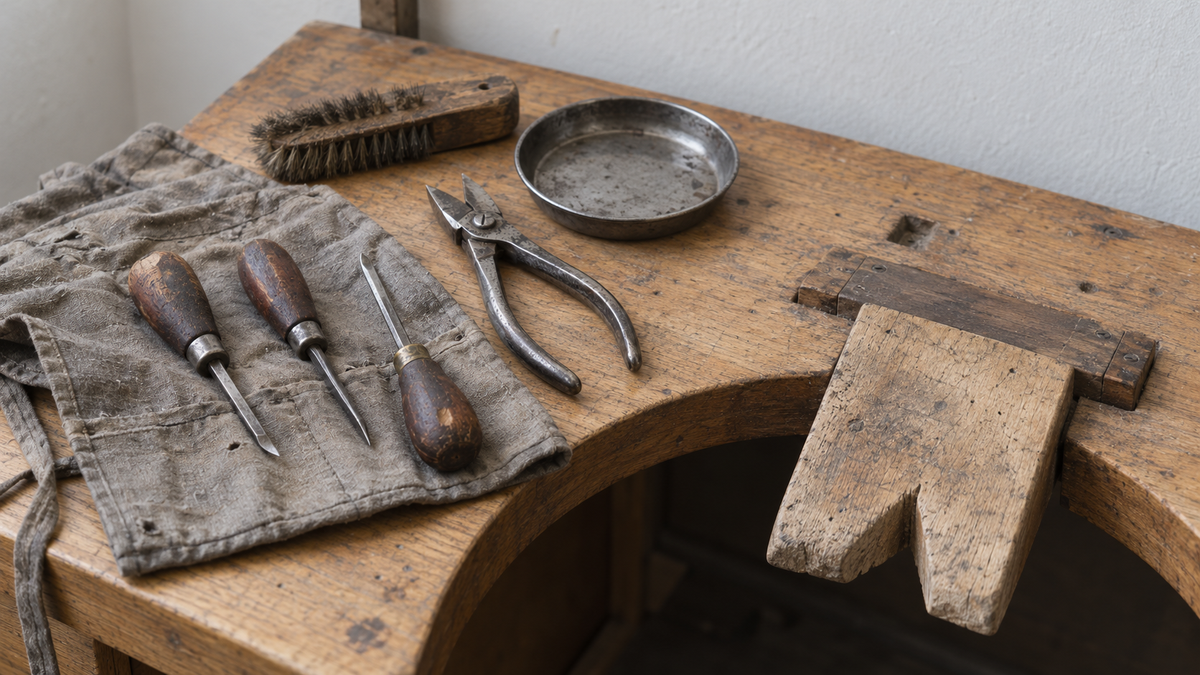 Original Just Brilliant craft study: a worn goldsmith's bench with a notched bench pin, engraving tools, a brush and an empty metal dish.