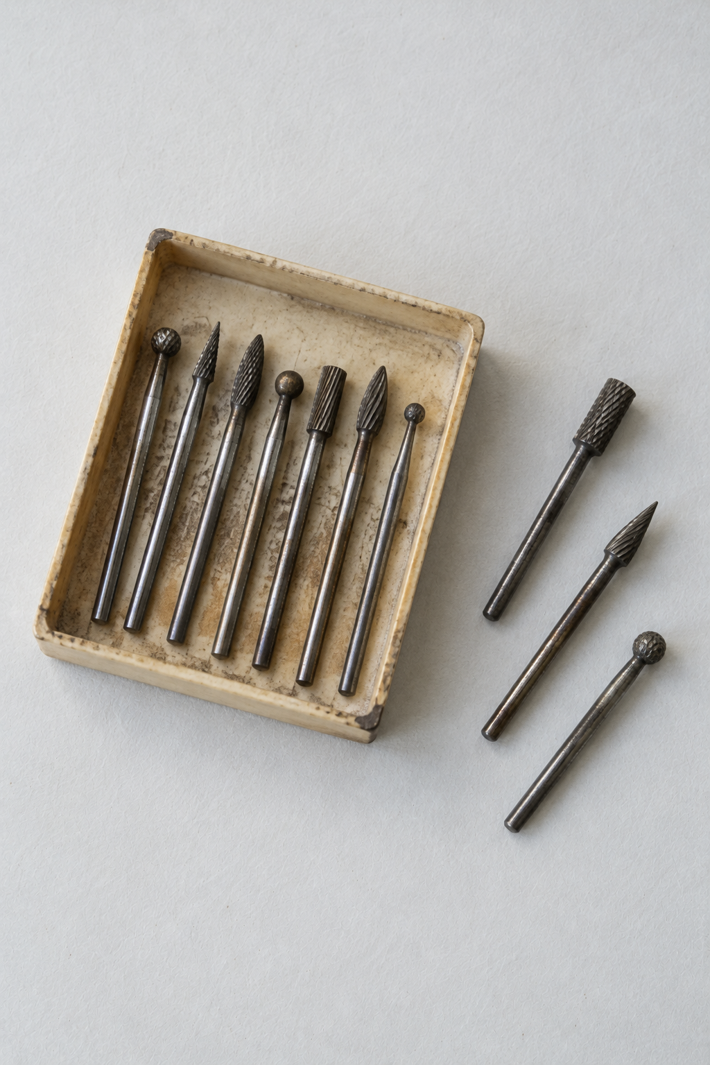 Original Just Brilliant craft study: used rotary burs in a shallow tray, with three burs alongside.