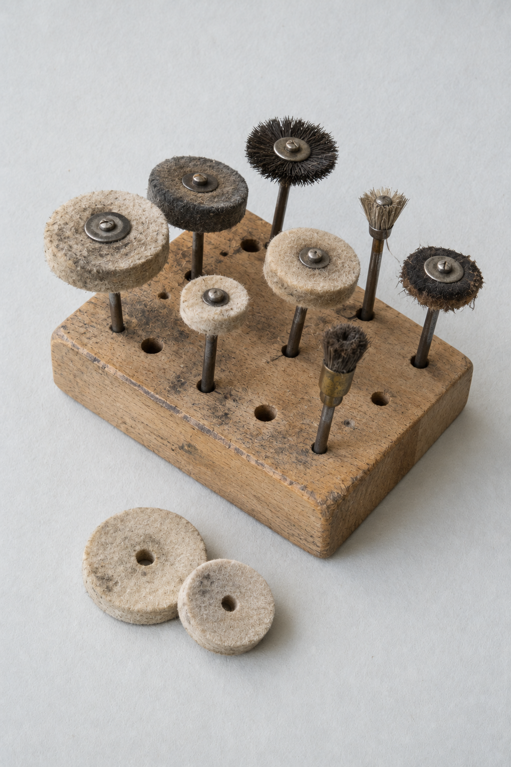 Original Just Brilliant craft study: used polishing wheels and brushes in a wooden tool holder.
