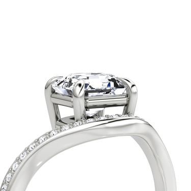 Just Brilliant Curve Solitaire Diamond Ring, Pavé Asscher, 18K White Gold, native diamond and setting close-up