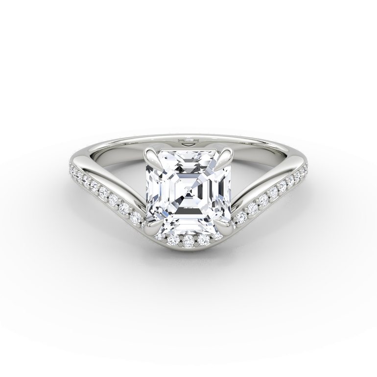 Just Brilliant Curve Solitaire Diamond Ring, Pavé Asscher, 18K White Gold, front view