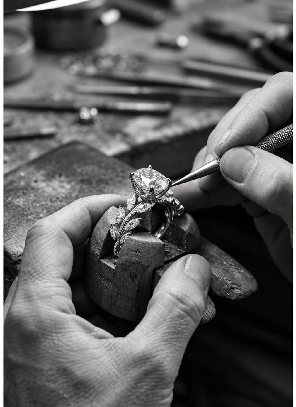 Hands working on a diamond ring held securely in a wooden ring clamp.