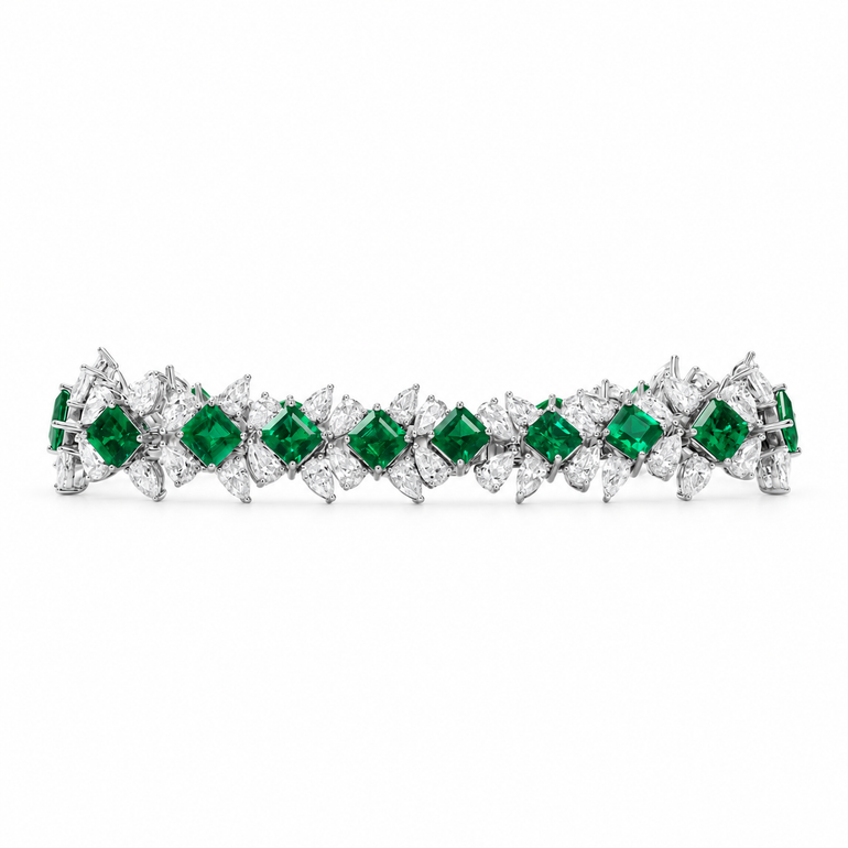 Feuillage d’Émeraude Bracelet by Just Brilliant — complete front view in 18K white gold