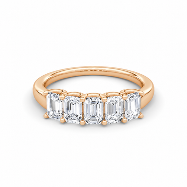 Just Brilliant Five Stone Diamond Band, Large version with Emerald diamonds in 18K rose gold, front view. #jb-five-stone_large_emerald_18k-rose-gold_front