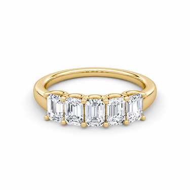 Just Brilliant Five Stone Diamond Band, Large version with Emerald diamonds in 18K yellow gold, front view. #jb-five-stone_large_emerald_18k-yellow-gold_front