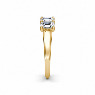 Just Brilliant Five Stone Diamond Band, Large version with Emerald diamonds in 18K yellow gold, side view. #jb-five-stone_large_emerald_18k-yellow-gold_side