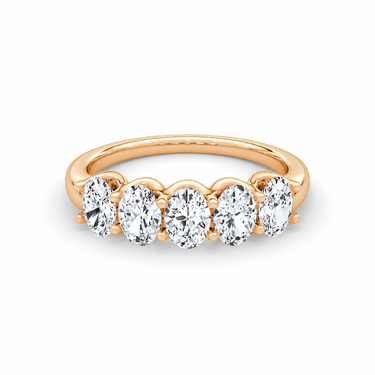 Just Brilliant Five Stone Diamond Band, Large version with Oval diamonds in 18K rose gold, front view. #jb-five-stone_large_oval_18k-rose-gold_front