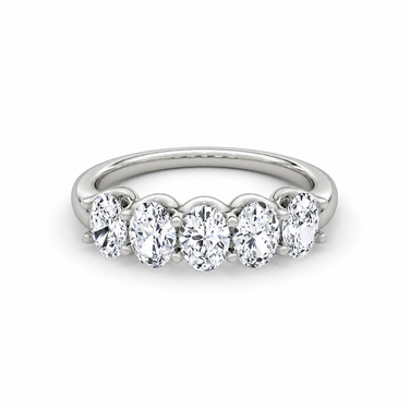 Just Brilliant Five Stone Diamond Band, Large version with Oval diamonds in 18K white gold, front view. #jb-five-stone_large_oval_18k-white-gold_front