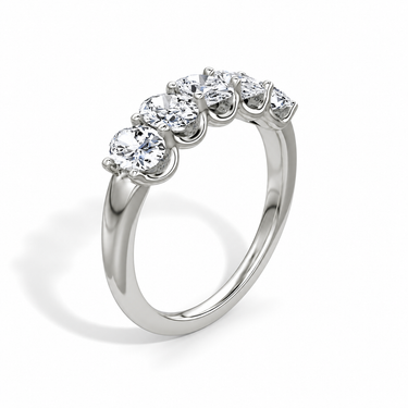 Just Brilliant Five Stone Diamond Band, Large version with Oval diamonds in 18K white gold, upright view. #jb-five-stone_large_oval_18k-white-gold_upright