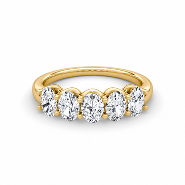 Just Brilliant Five Stone Diamond Band, Large version with Oval diamonds in 18K yellow gold, front view. #jb-five-stone_large_oval_18k-yellow-gold_front