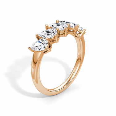 Just Brilliant Five Stone Diamond Band, Large version with Pear diamonds in 18K rose gold, upright view. #jb-five-stone_large_pear_18k-rose-gold_upright