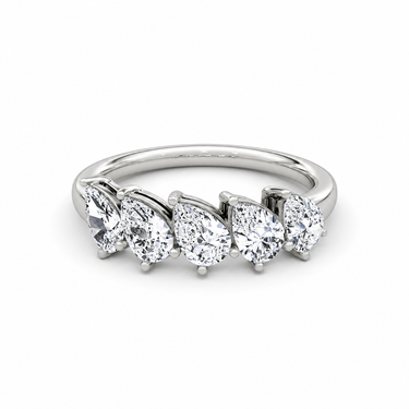 Just Brilliant Five Stone Diamond Band, Large version with Pear diamonds in 18K white gold, front view. #jb-five-stone_large_pear_18k-white-gold_front
