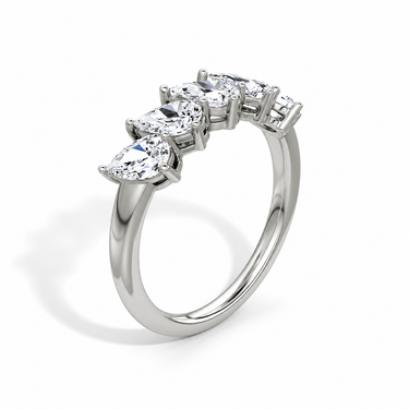 Just Brilliant Five Stone Diamond Band, Large version with Pear diamonds in 18K white gold, upright view. #jb-five-stone_large_pear_18k-white-gold_upright