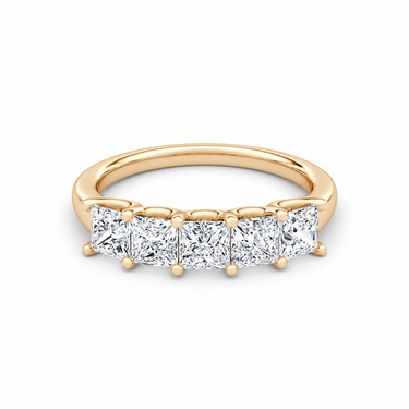 Just Brilliant Five Stone Diamond Band, Large version with Princess diamonds in 18K rose gold, front view. #jb-five-stone_large_princess_18k-rose-gold_front