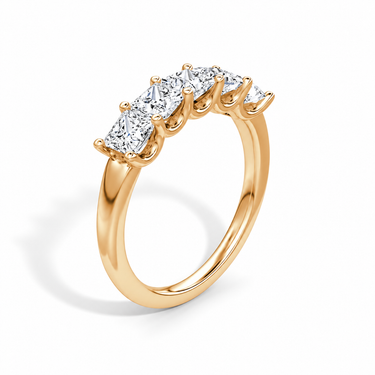 Just Brilliant Five Stone Diamond Band, Large version with Princess diamonds in 18K rose gold, upright view. #jb-five-stone_large_princess_18k-rose-gold_upright