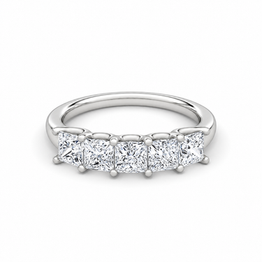 Just Brilliant Five Stone Diamond Band, Large version with Princess diamonds in 18K white gold, front view. #jb-five-stone_large_princess_18k-white-gold_front