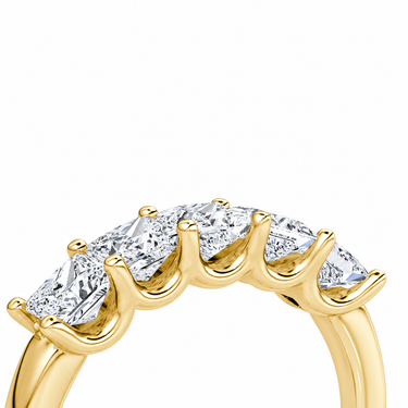 Just Brilliant Five Stone Diamond Band, Large version with Princess diamonds in 18K yellow gold, detail view. #jb-five-stone_large_princess_18k-yellow-gold_detail